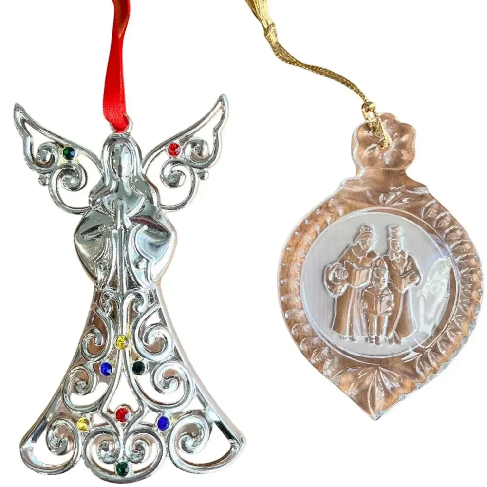 Lot of‎ 2 Lenox Christmas Ornaments Silver Angel Etched Crystal Frosted Carolers